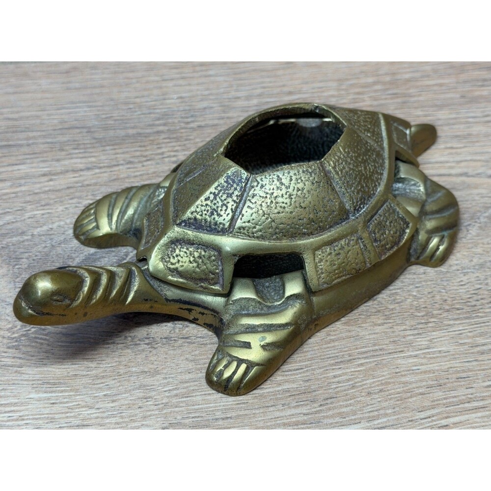 Vintage Solid Brass Turtle Ashtray Removable Shell Lid Mid Century Modern Decor
